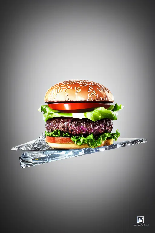 Image similar to crystal in form of burger, symmetry, cinematic, elegant, expensive, luxury materials, perfect light, perfect composition, dlsr photography, sharp focus, 4 k, ultra hd, sense of awe, by tiffany and swarovski