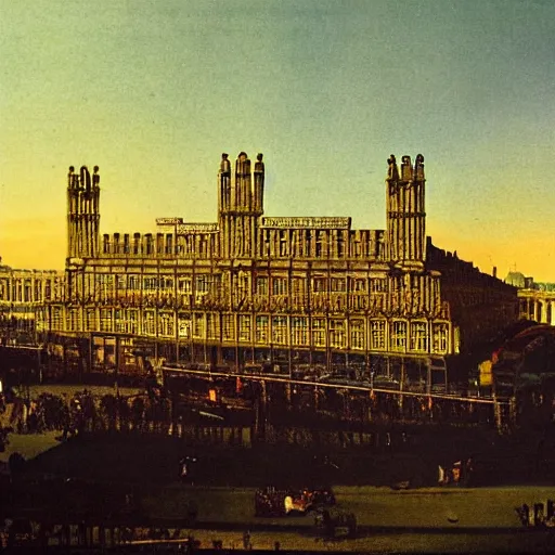 Prompt: a color photograph of the crystal palace, london exhibition of 1 8 5 1, golden hour,