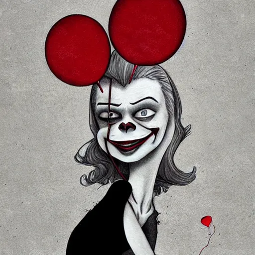 Image similar to grunge cartoon painting of margot robbie with a wide smile and a red balloon by chris leib, loony toons style, pennywise style, corpse bride style, horror theme, detailed, elegant, intricate