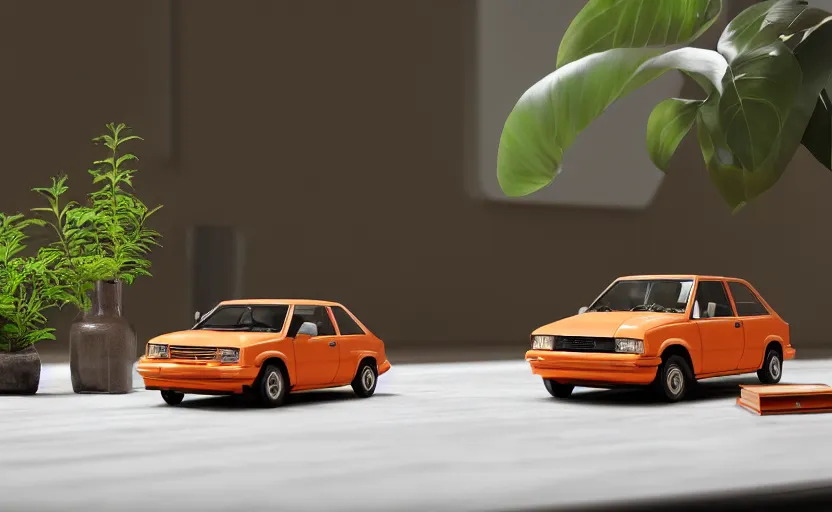 Image similar to a small miniature of a orange Toyota Corolla KE20 on a white table near a book and a vase with a plant, hyperrealistic, concept art, octane render, unreal engine 5, path tracing, complementary colors, calm, relaxing, serene, product photo, centered, symmetrical