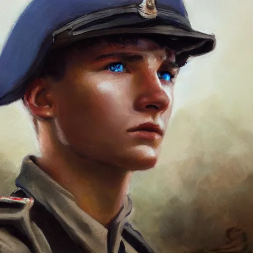 Prompt: Closeup of a young soldier with blue eyes and brown hair, cinematic art, painting