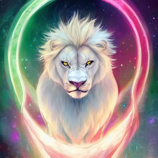 Image similar to aesthetic portrait commission of a albino male furry anthro lion surrounded by small glowing sparkles and wearing white glowing cloak, Character design by charlie bowater, ross tran, artgerm, and makoto shinkai, detailed, inked, western comic book art, 2021 award winning painting