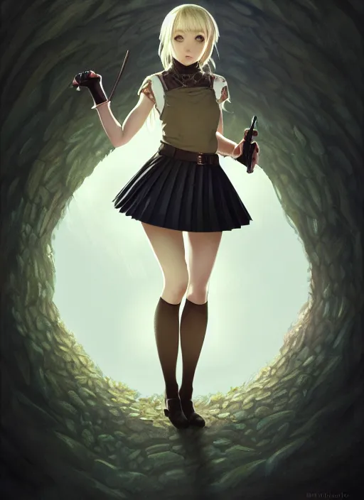 Image similar to portrait of a full body of beautiful young female detective, d & d, sleeveless turtleneck, pleated skirt, fantasy, flat lighting, intricate, highly detailed, digital painting, artstation, concept art, smooth, sharp focus, illustration, misa amane, art by simon bisley and greg rutkowski and alphonse mucha, natural tpose