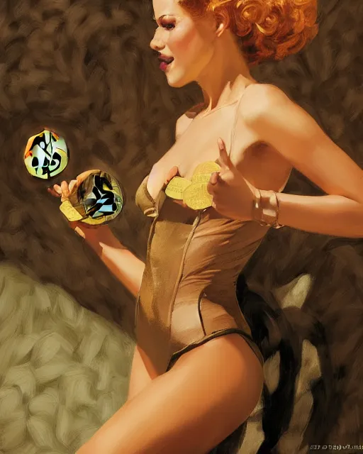 Prompt: burlesque woman selling bitcoin, commercial, buy bitcoin, craig mullins, j. c. leyendecker