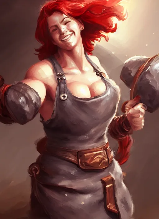 Prompt: a highly detailed illustration of fierce red haired blacksmith woman wearing apron, muscular, dramatic smile pose, intricate, elegant, highly detailed, centered, digital painting, artstation, concept art, smooth, sharp focus, league of legends concept art, wlop.