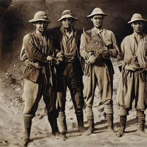 Image similar to ultra detailed photorealistic sepia - toned photo from 1 9 1 7, three clean - shaven british soldiers standing with two bedouin traders in traditional arab garb, at an archaeological dig site, ultra realistic, painted, intricate details, lovecraft, atmospheric, dark, horror, brooding, highly detailed, by clyde caldwell