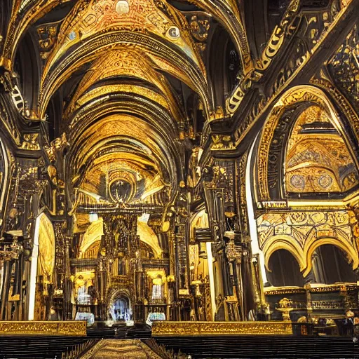 Image similar to gigantic ornate cathedral made of black and gold marble