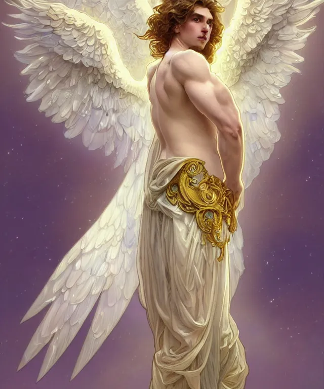 Image similar to fullbody portrait of a beautiful young fit male angel with curly blond hairs, full dressed in long fluent clothes, majestic symmetrical big dove wings, luminous halo, by greg rutkowski and alphonse mucha, gradient white to gold, in front of an iridescent background, highly detailed portrait, digital painting, artstation, concept art, smooth, sharp focus illustration