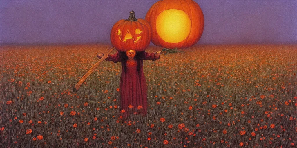 Image similar to a witch with a pumpkin head burning on a cross at sunset casting shadows across a field of flowers, beksinski, dariusz zawadzki