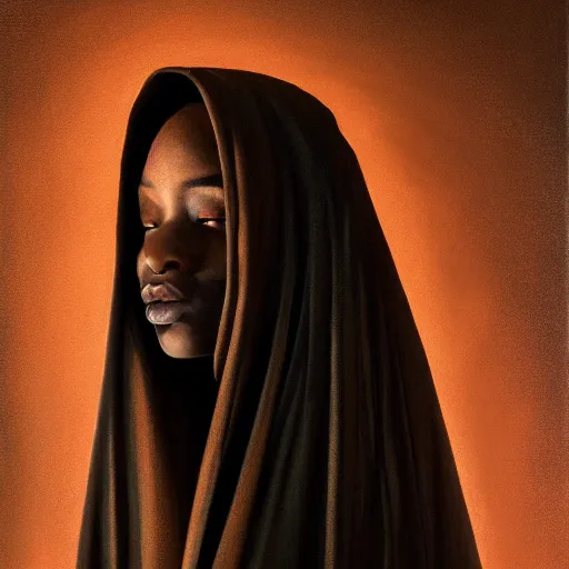 Image similar to a portrait of a young black woman wearing a long dark cloak, hood and shadows covering face, anatomically correct, beautiful perfect face, enigmatic, oil painting, matte painting, black background, Volumetric Golden dappled dynamic lighting, Highly Detailed, Cinematic Lighting, Unreal Engine, 8k, HD, by Beksinski