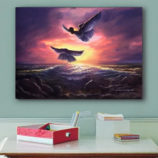 Image similar to a baby hulk with wings, flapping its wings flying in sunset sky, oil on canvas, portrait, intricate, 8k highly professionally detailed, HDR, CGsociety