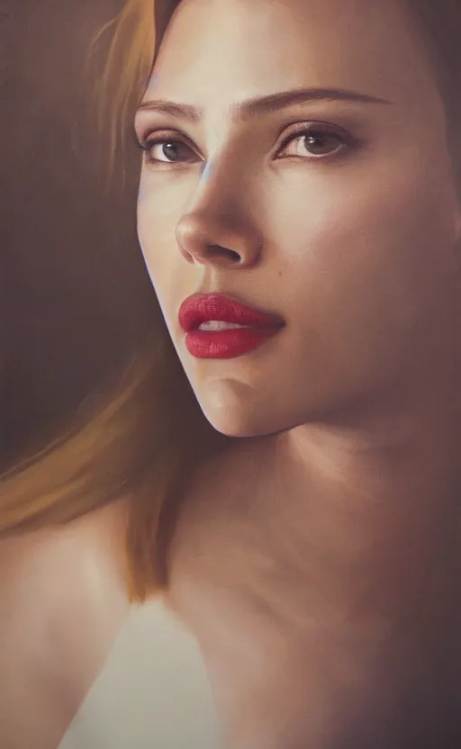 Image similar to portrait of scarlett johansonn , 3/4 view realistic, detailed, diffuse sunlight, soft lights, bokeh Paris in background