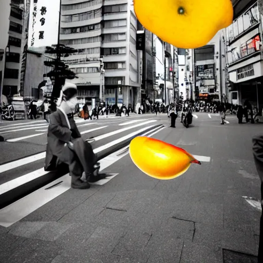 Prompt: a demonic mango attacks downtown tokyo, color photo 3 5 mm, trending, street level view