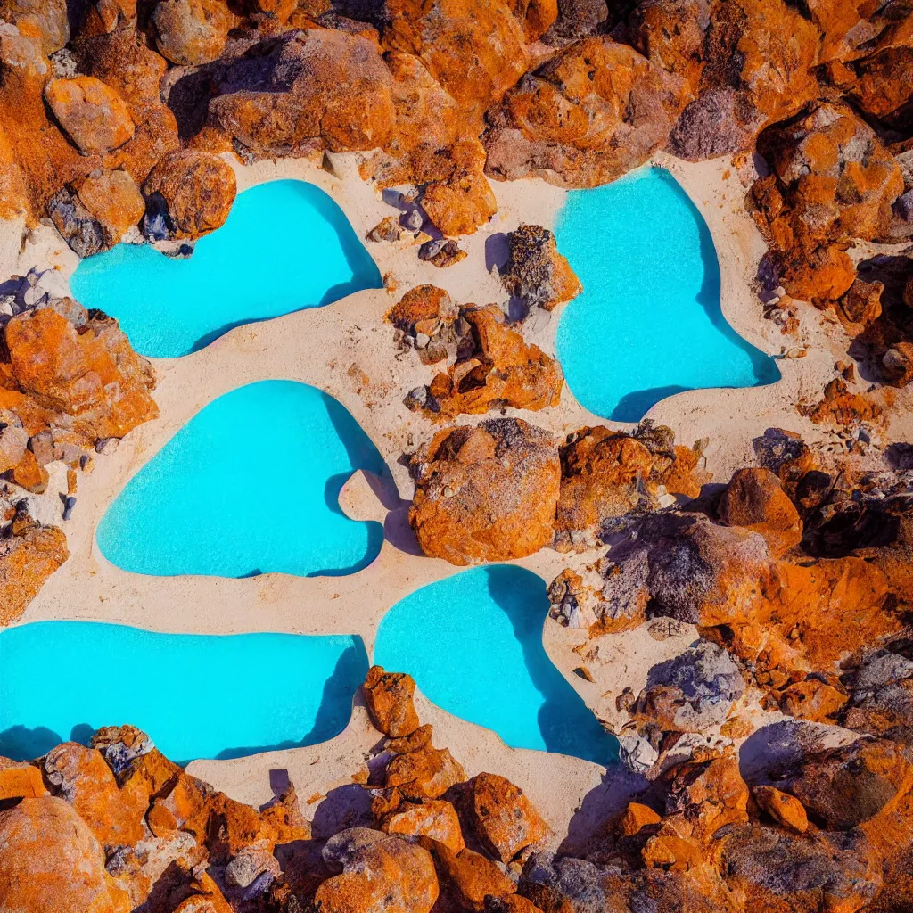 Prompt: bismuth boulders, orange sand desert with pools of bright milky blue water, birds eye view, dreamy