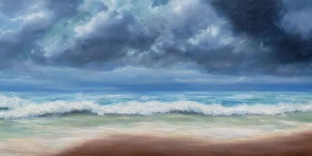 Prompt: a beautiful oil on canvas. seascape. view from the coast of the sea. coastal landscape trees and sand. stormy blue and green sea i'm background. epic sky bdetailed. trending on art station. beautiful. tropical. h 7 6 8