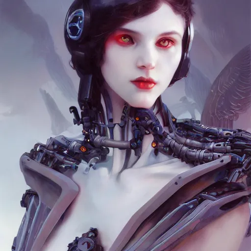 Prompt: Beautiful pale goth cyborg girl with mechanical wings and many wires, masterpiece 4k digital illustration by Ruan Jia and Mandy Jurgens and Artgerm and william-adolphe bouguereau, highly detailed, trending on artstation, award winning,