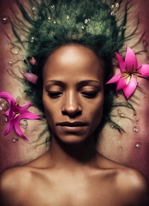 Image similar to Kodak Portra 400, 8K, soft light, volumetric lighting, highly detailed, britt marling style 3/4 by Martin Stranka , extreme Close-up portrait photography of ZoeSaldana as beautiful black skinned mermaid la sirene Haitian god, white lilies, shells, bubbles, how pre-Raphaelites,inspired by Ophelia by Martin Stranka, the face emerges from water of Pamukkale, underwater face, hair are intricate with highly detailed realistic beautiful brunches and flowers like crown, Realistic, Refined, Highly Detailed, soft blur background, outdoor soft pastel lighting colors scheme, outdoor fine art photography, Hyper realistic, photo realistic