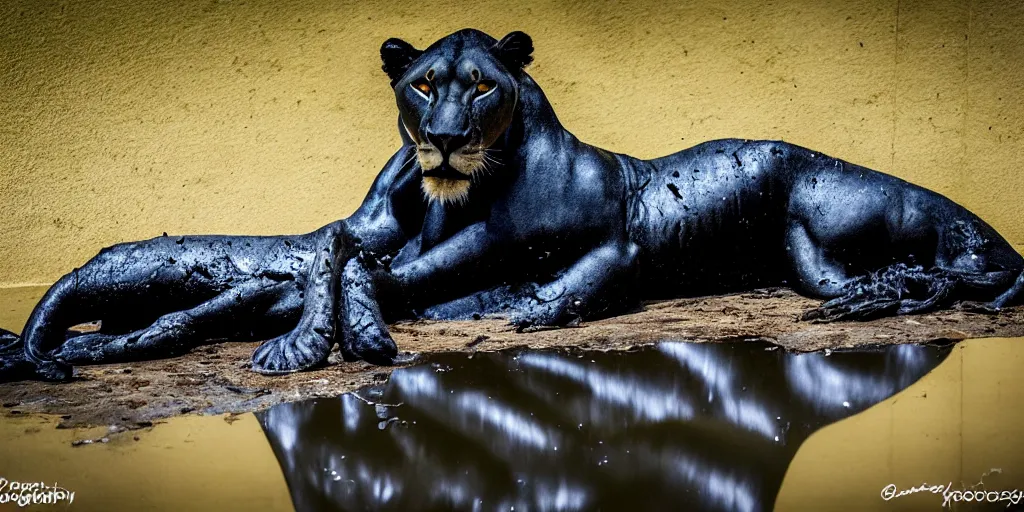 Prompt: the smooth black lioness, made of smooth black goo, in the zoo exhibit, viscous, sticky, full of black goo, covered with black goo, splattered black goo, dripping black goo, dripping goo, splattered goo, sticky black goo. photography, dslr, reflections, black goo, zoo, exhibit