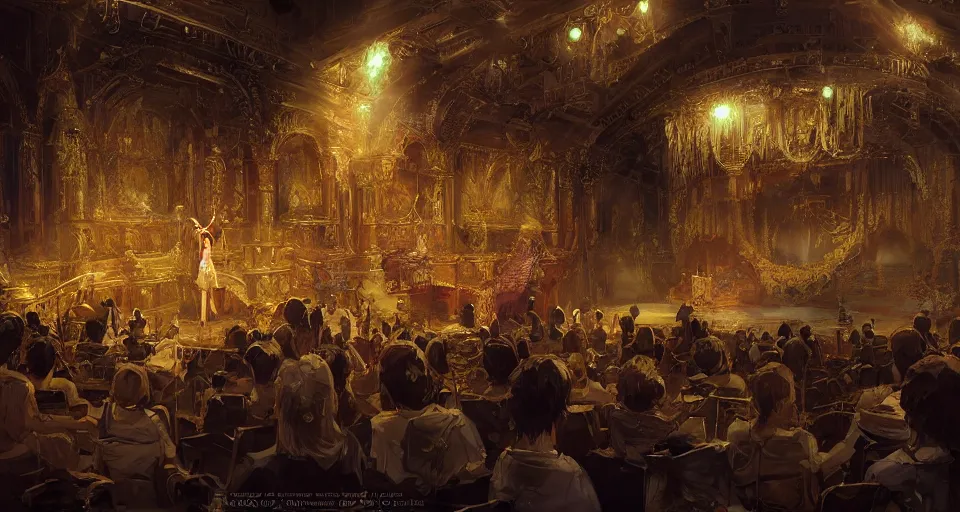 Image similar to craig mullins and ghibli digital art of inside the theater, on the stage, masked female violinists, solo performance ， exotic costumes, gold jewelry, black hair, realistic shading, cinematic composition, realistic render, octane render, detailed textures, photorealistic, wide shot