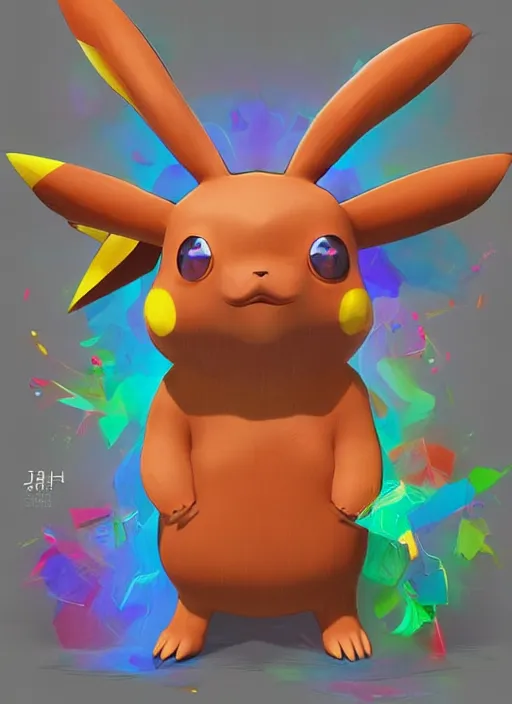 Image similar to colourful caricature - 3 d vfx art - of a pikachu, art style by james jean & hsiao - ron cheng, character concept art, unreal engine render, digital illustration, sharp, intricate detail, volumetric light, ray tracing, soft light, symmetric, pinterest, artstation, behance,