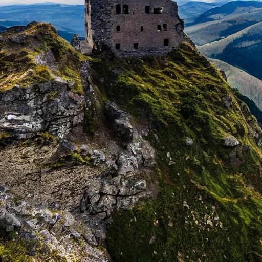 Prompt: photograph, a ruined castle on top of a big mountain, the photo was taken from very far away below the castke looking up at it, exteme far up, ultra high detail, 8 k