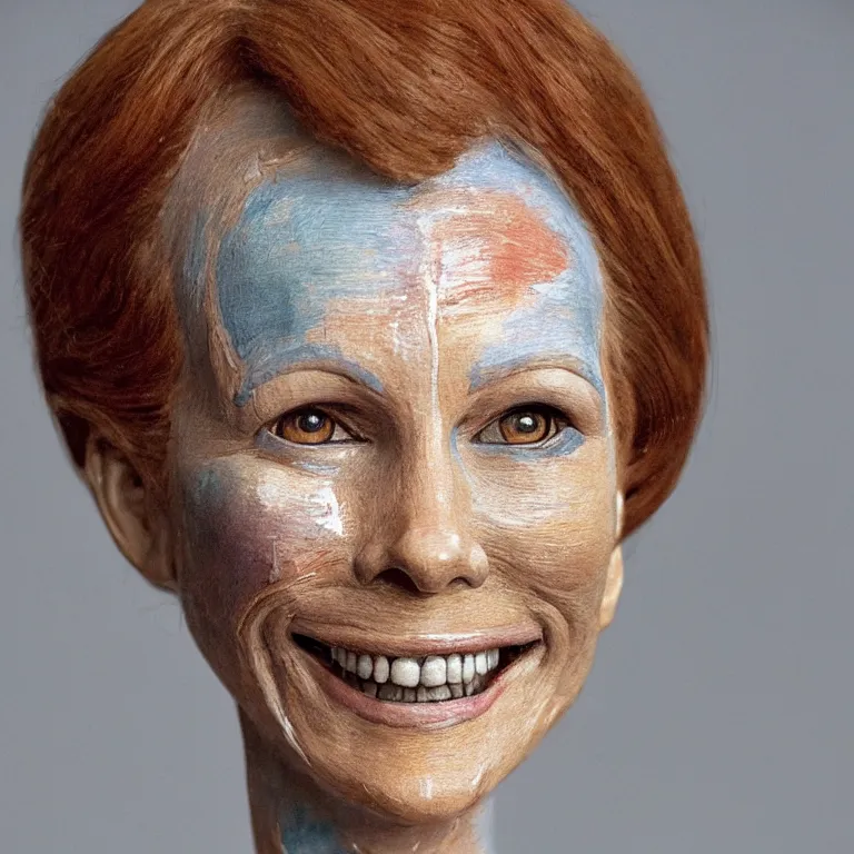 Prompt: beautiful studio photograph of colorful postmodern portrait sculpture of mary tyler moore smiling, beautiful symmetrical face accurate face detailed face realistic proportions, made of watercolor - painted plaster on a pedestal by ron mueck and matthew barney and greg rutkowski, hysterical realism intense cinematic lighting shocking detail 8 k