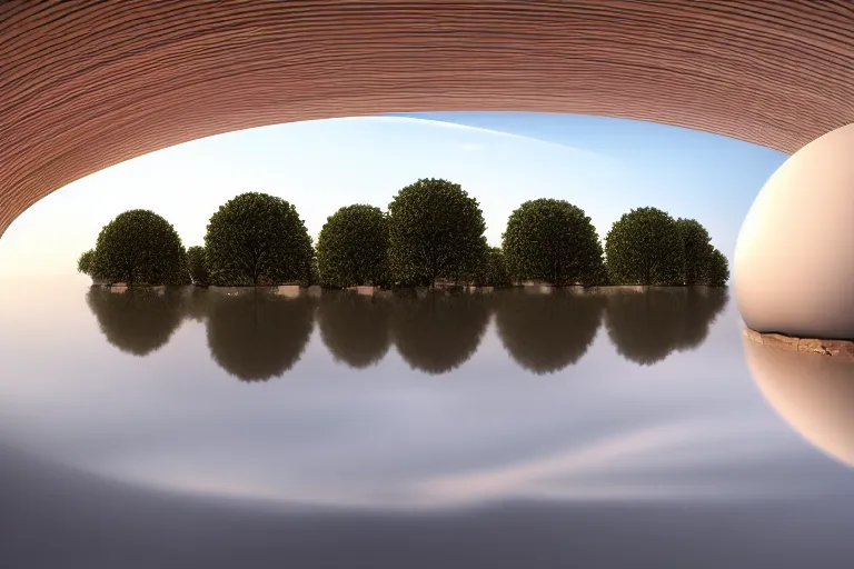 Image similar to many white round spherical buildings are crowded and combined to form a building on the calm lake, by pierre bernard, on the calm lake, people's perspective, future, interior wood, dusk, unreal engine highly rendered, global illumination, radial light, internal environment