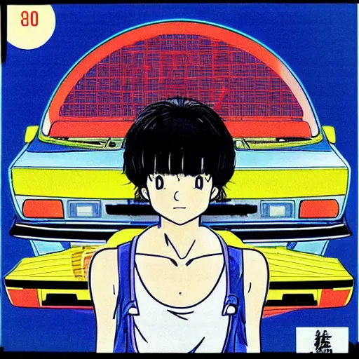 Prompt: album - cover of a 1 9 8 0 s japanese city - pop record featuring an anime illustration by akira toriyama. cute stylish woman ; sports car ; neon ; urban summer drive.