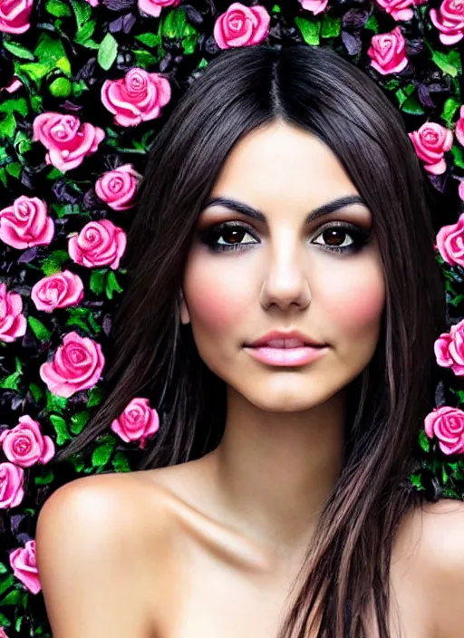 Image similar to amazingly complex portrait of Victoria Justice laying in a bed of black roses as a goddess staring curiously at you. soft detailed painting at 16K resolution and amazingly epic visuals. epically beautiful image. amazing effect, image looks gorgeously crisp as far as it's visual fidelity goes, absolutely outstanding. vivid clarity. ultra detail. iridescent. mind-breaking. mega-beautiful pencil shadowing. beautiful face. Ultra High Definition. soft shading. soft texture. intensely beautiful.