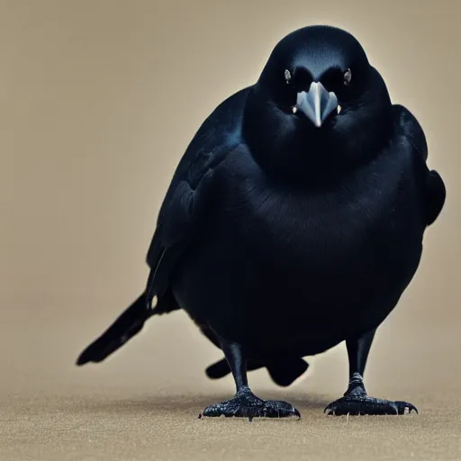 Image similar to close up of a obese crow with a round body short legs and large black beak, high resolution film still, film by Jon Favreau