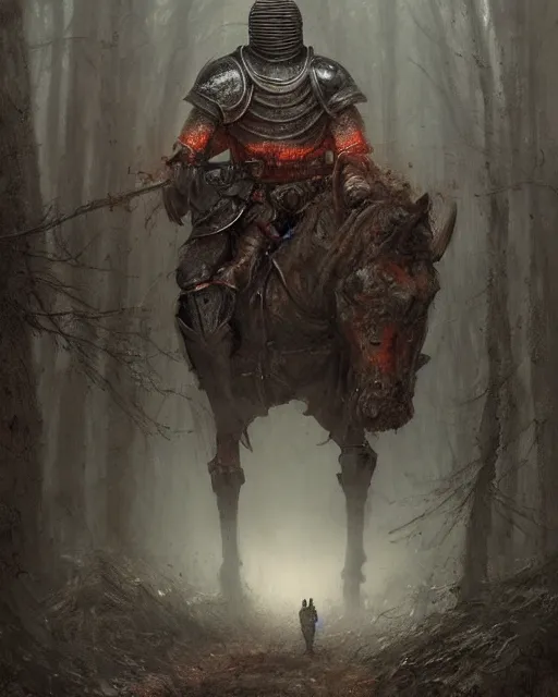 Image similar to Hyper realistic painting of a knight in full plate armor that has completely turned to rust, hyper detailed, surrounded by a dark forest, fog, moody, creepy, cinematic lighting, by greg rutkowski, trending on artstation