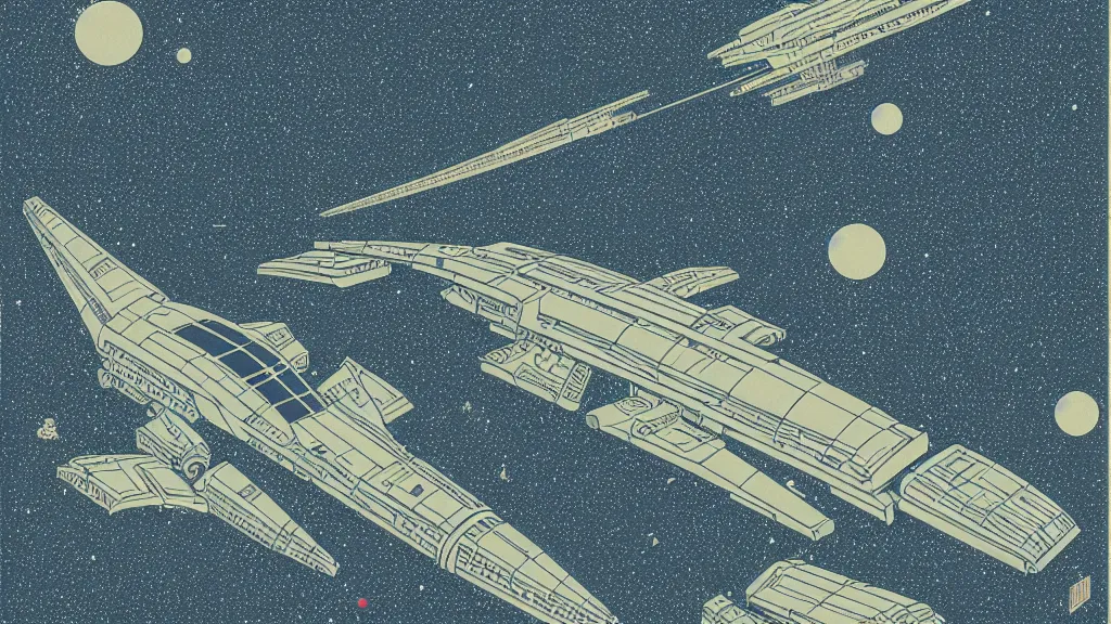 Image similar to A wide shot, galactic spaceship battle, flat design, screen print by Kawase Hasui and dan hillier