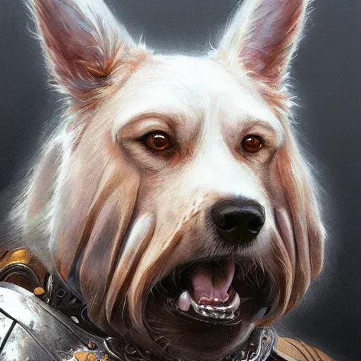 Prompt: doggo animal as a realistic fantasy knight, closeup portrait art by donato giancola and greg rutkowski, digital art, trending on artstation, symmetry!!