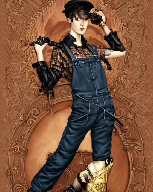 Prompt: a full body portrait of a beautiful androgynous punk girl with short hair and beautiful eyes, beautiful face, wearing tall combat boots, who is a mechanic wearing overalls carrying a bag, digital concept art, detailed digital painting, ornate decorative background, by j. c. leyendecker and edward blair leighton and charlie bowater, trending on artstation