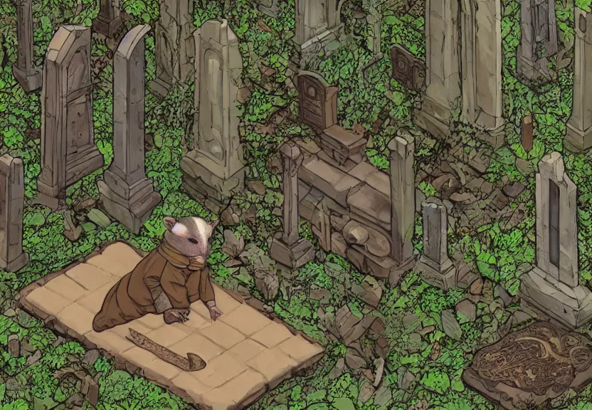 Image similar to a possum dressed like a monk at a medieval cemetery in the middle of the forest at night, isometric, highly detailed, digital art