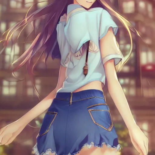 Prompt: a very beautiful anime girl, full body, long golden hair, sky blue eyes, full round face, short smile, mini jeans skirt, cute top, urban setting, highly detailed, trending on Artstation, Unreal Engine 4k, cinematic wallpaper by Stanley Artgerm Lau, WLOP, Rossdraws, James Jean, Andrei Riabovitchev, Marc Simonetti, and Sakimichan