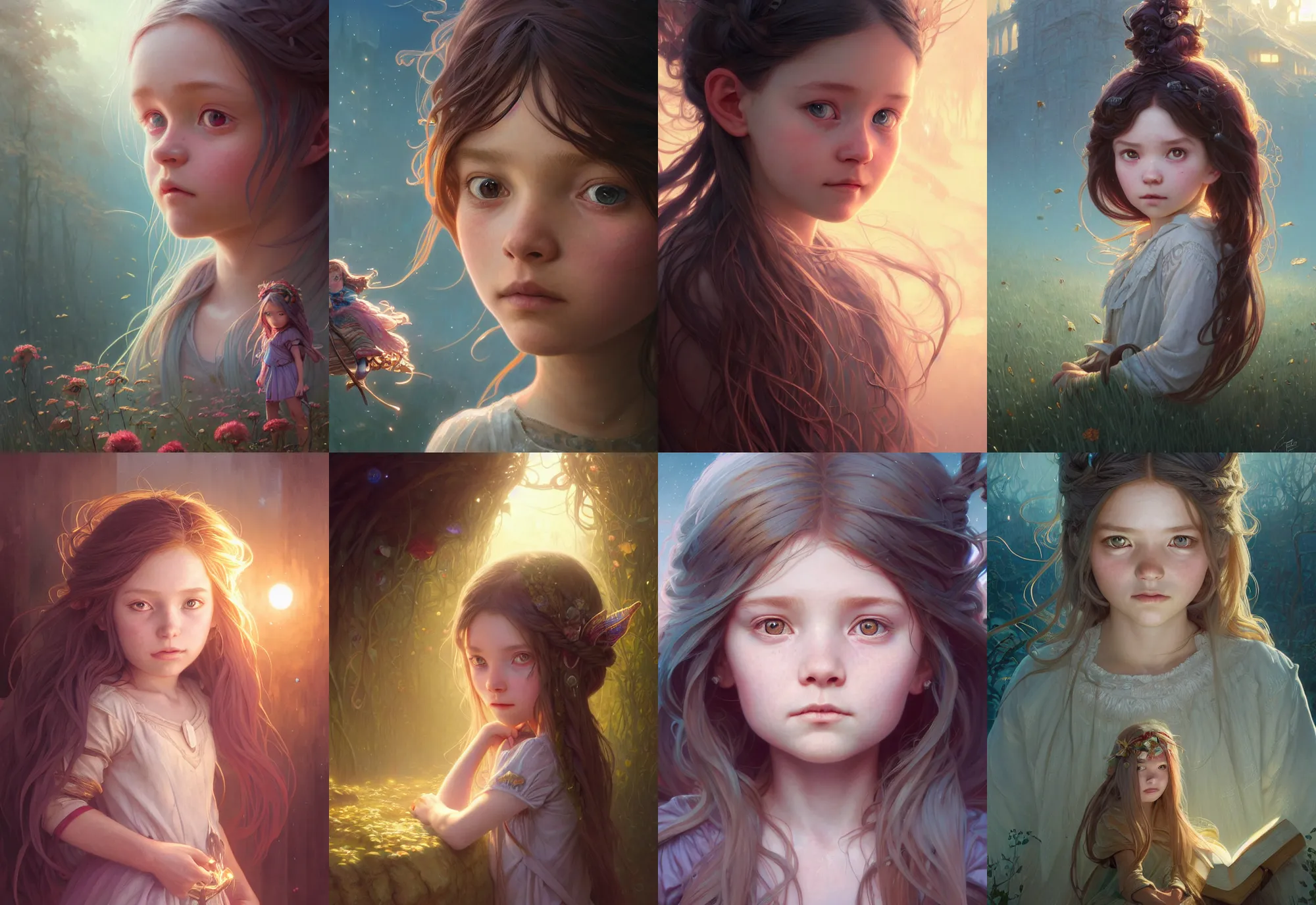 Image similar to highly detailed portrait of a little girl with long hairs, stephen bliss, unreal engine, fantasy art by greg rutkowski, loish, rhads, ferdinand knab, makoto shinkai and lois van baarle, ilya kuvshinov, rossdraws, tom bagshaw, alphonse mucha, global illumination, radiant light, detailed and intricate environment