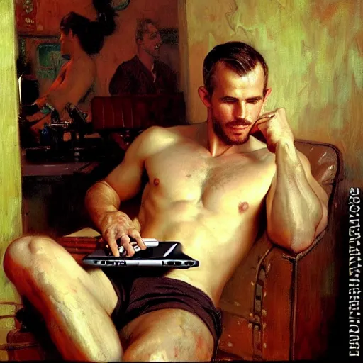 Prompt: cam gigandet types on his laptop, painting by gaston bussiere, craig mullins, j. c. leyendecker, tom of finland