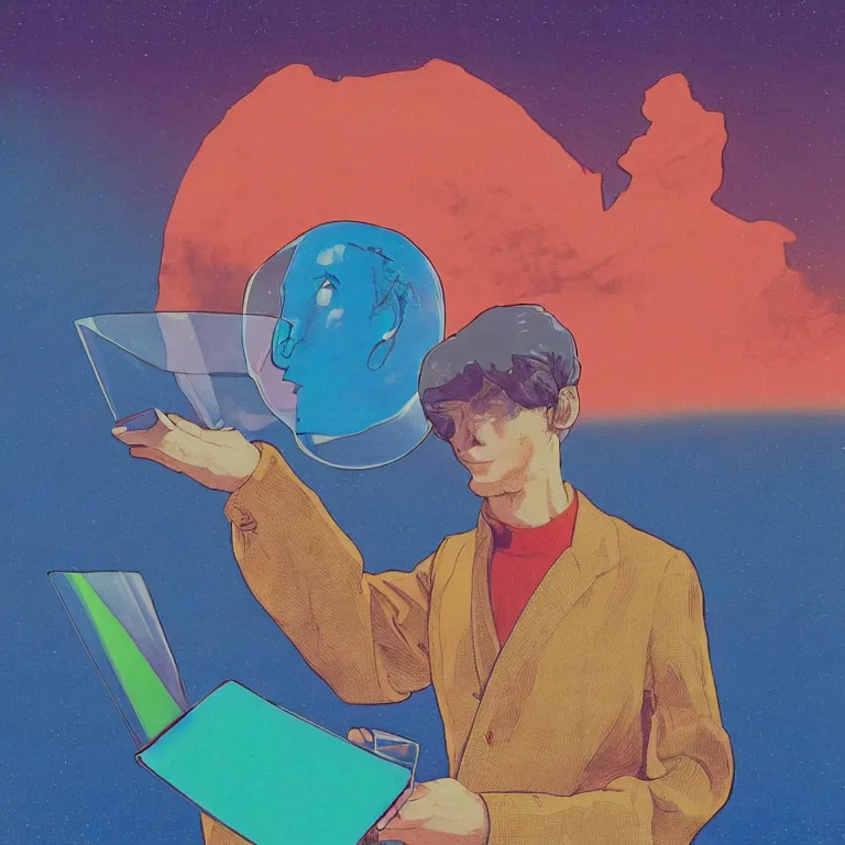 Prompt: an transparent glass portrait of a young british man holding a colorful blotter paper of lsd acid and dreaming psychedelic hallucinations in the vast icy landscape of antarctica, by soul bass, kawase hasui, moebius and edward hopper, colorful claymation, xray hd, 8 k, artstation