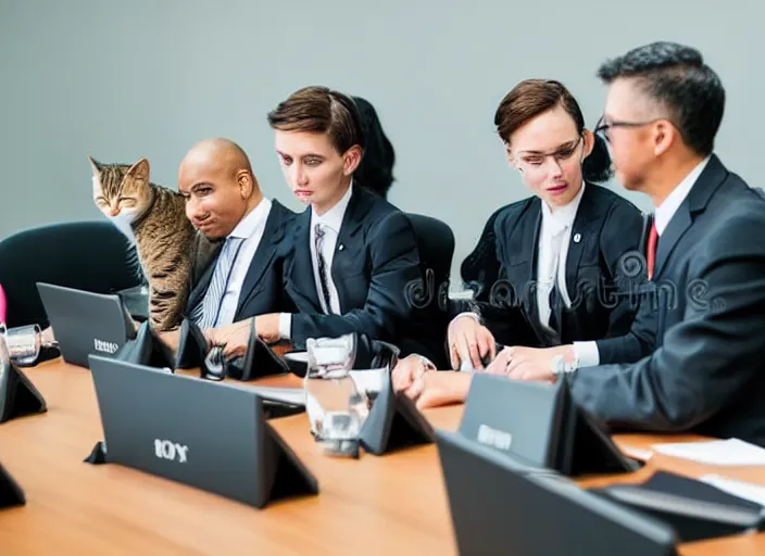 Prompt: photo of cats dressed in suits attending a board meeting. Highly detailed 8k. Intricate. Sony a7r iv 55mm. Stock photo.