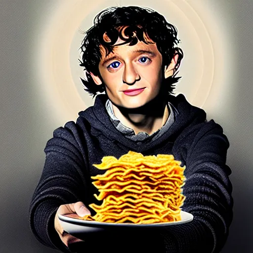 Image similar to uhd frodo made of fritos. photo by annie leibowitz