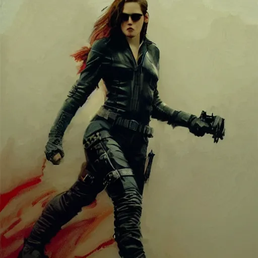 Image similar to kristen stewart as the winter soldier, intricate, elegant, highly detailed, greg manchess, mucha, liepke, ruan jia, jeffrey catherine jones, ridley scott