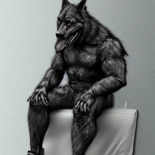 Image similar to a humanoid german shepherd beast - man, wearing gym suit, sitting on a couch, artstation, concept art, smooth, sharp foccus ilustration, artstation