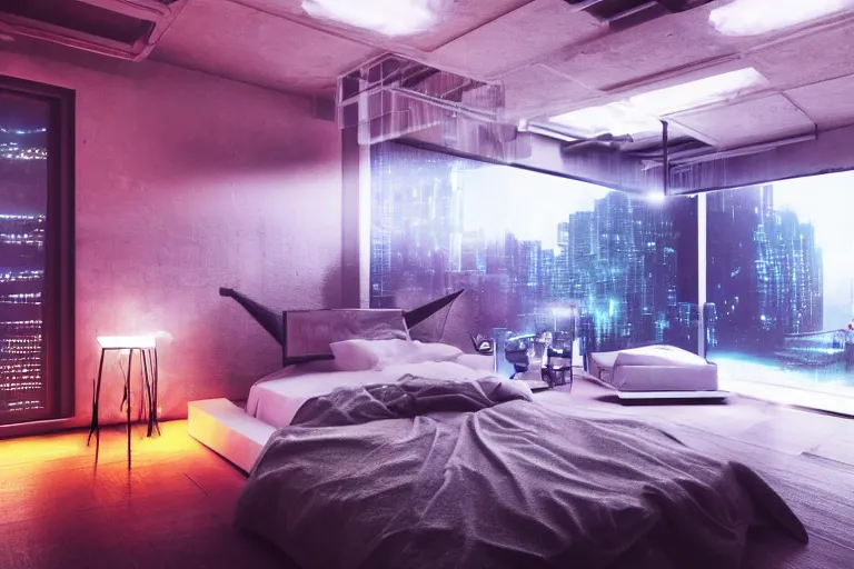 Image similar to futuristic bedroom, brutalist, ceiling high windows, cyberpunk, cityscape, neon lights, night, raining, volumetric light