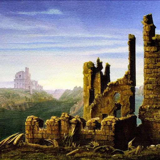 Prompt: a painting of a ruined castle, in the style of caspar david friedrich