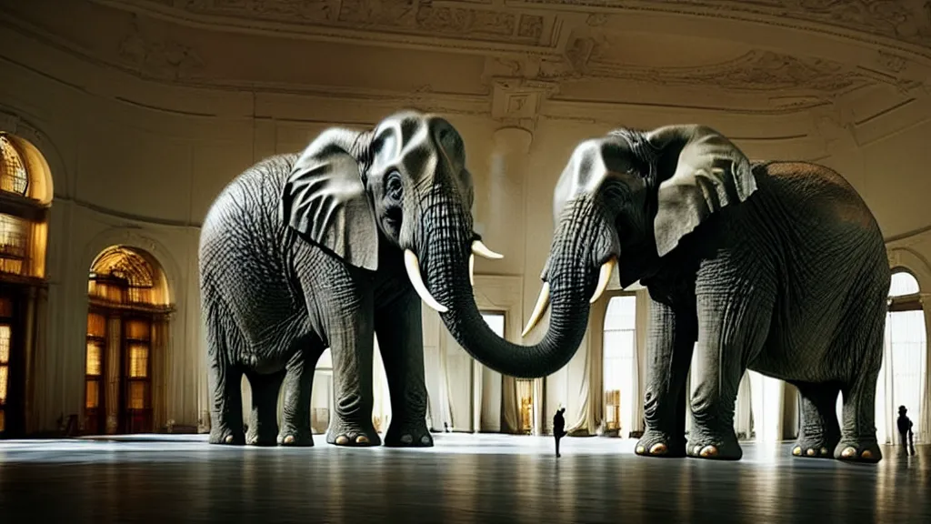 Prompt: the strange elephant in city hall, made of wax and water, film still from the movie directed by Denis Villeneuve with art direction by Salvador Dalí, wide lens