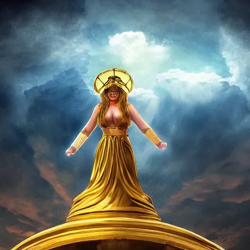 Image similar to young ancient greek woman in golden helmet, a floating pantheon palace in the sky, clouds background, island floating in the sky, epic fantasy style art, fantasy epic digital art