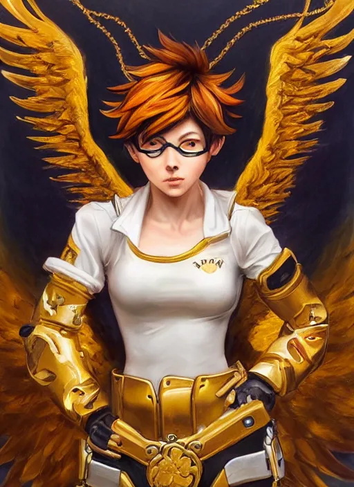 Image similar to full body oil painting of tracer overwatch in the style of sophie anderson, angel wings, angelic golden armor, dramatic painting, symmetrical composition, ornate, golden chains, high detail, gold detailed collar!!!!!, blooming, angelic, lights, flowers, heavenly, bright, detailed face,