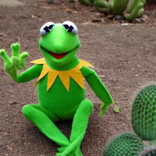 Prompt: kermit the frog, made out of cactus