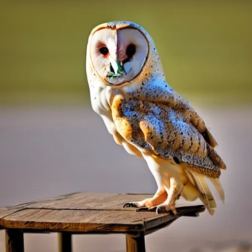 Prompt: barn owl standing in a chair at the beach, canon photo, very detailed, winning award photo, golden hour